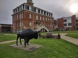 Buffalo statue and Old Main building, ABC campus